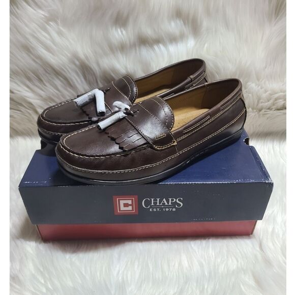 NWB|Men's Chaps Brown Leather Slip On Loafers, 10.5 - Picture 1 of 10